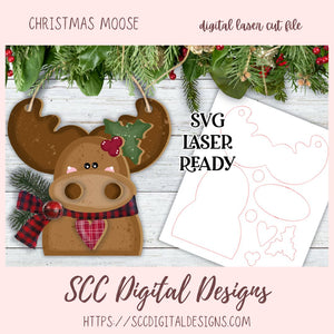 Cute Moose Christmas Ornament SVG  for Glowforge and Laser Cutters, Whimsical 3D Xmas Ornament Lasercut Design, Instant Download Digital Woodworking Pattern Craft Show Best Sellers