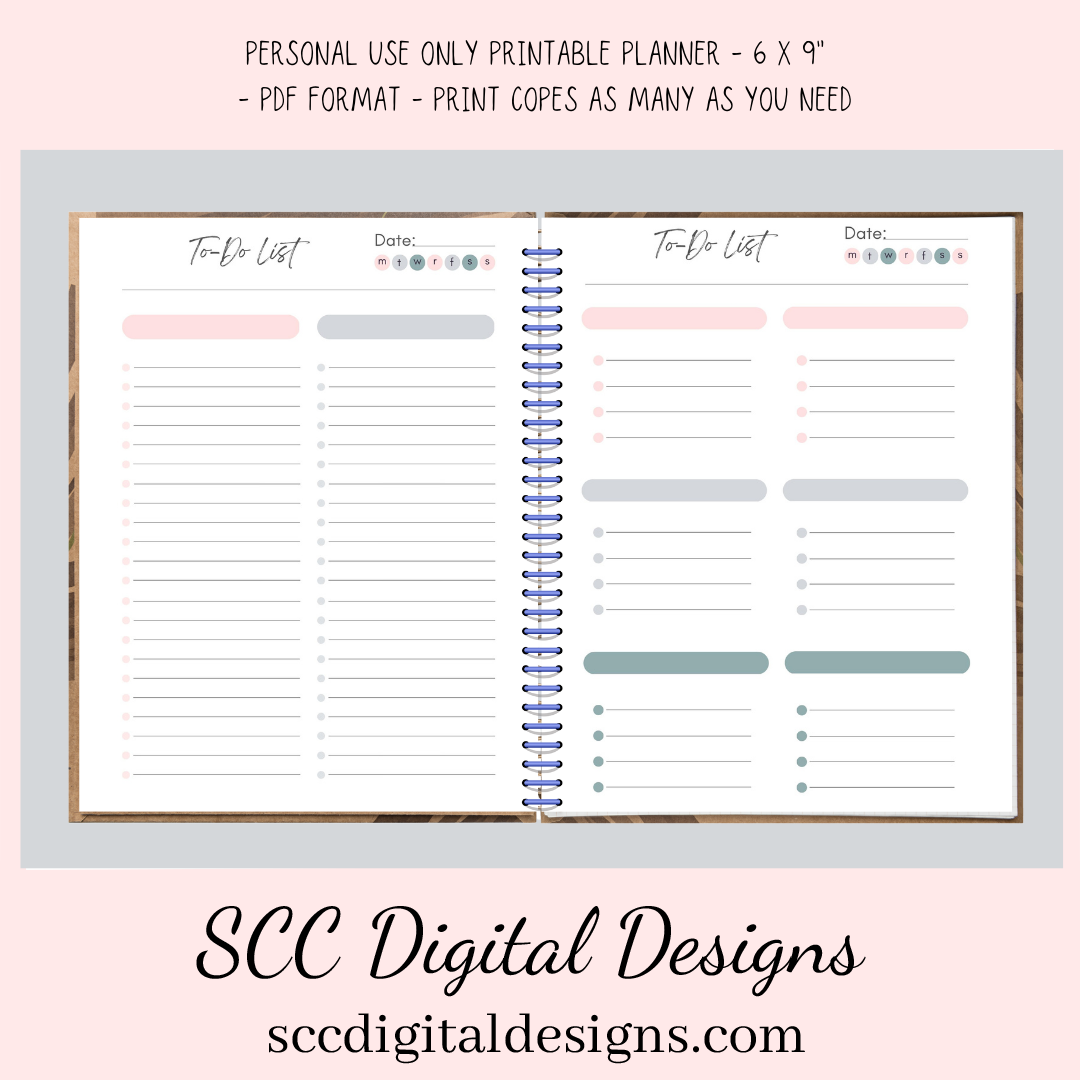 Organize your life with our daily, weekly, and monthly pages, create and follow a self-care program, track important habits, health goals with diet and exercise pages, meal planner and grocery list, chores, and cleaning reminders, and begin and end your day with our gratitude pages.