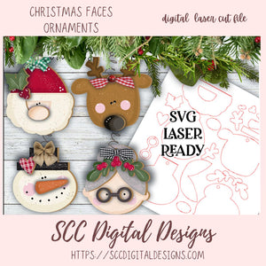 Faces of Christms Ornament SVG set  for Glowforge and Laser Cutters, Whimsical 3D Santa, Mrs Claus, Reindeer & Snowman Ornaments Lasercut Design, Instant Download Digital Woodworking Pattern Craft Show Best Sellers