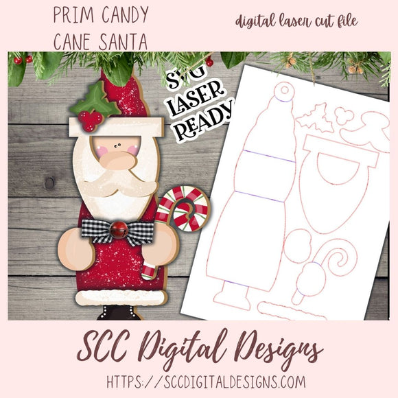 Prim Candy Cane Santa Christmas Ornament SVG, Glowforge and Laser Cutter Design, Instant Download Digital Woodworking Pattern, DIY Holiday Decor