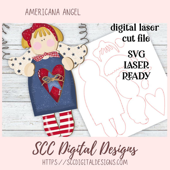 Americana Angel SVG for Glowforge and Laser Cutter Design, Instant Download Digital Woodworking Pattern, DIY American Patriot Craft Patterns, July 4th Front Porch Welcome Sign