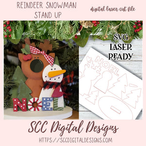 Reindeer with Snowman Shelf Sitter (standup) SVG, Glowforge and Laser Cutter Design, Instant Download  Digital Woodworking Pattern, DIY Holiday Decor