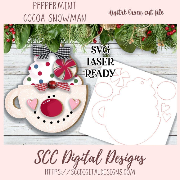 PEPPERMINT COCOA SNOWMAN CHRISTMAS ORNAMENT SVG, GLOWFORGE AND LASER CUTTER DESIGN, INSTANT DOWNLOAD DIGITAL WOODWORKING PATTERN, DIY HOLIDAY DECOR