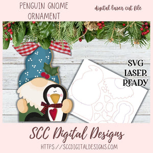 Penguin Gnome Christmas Ornament SVG, Glowforge and Laser Cutter Design, Instant Download Digital Woodworking Pattern, DIY Holiday Decor