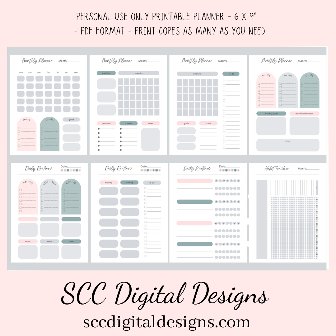 Organize your life with our daily, weekly, and monthly pages, create and follow a self-care program, track important habits, health goals with diet and exercise pages, meal planner and grocery list, chores, and cleaning reminders, and begin and end your day with our gratitude pages.