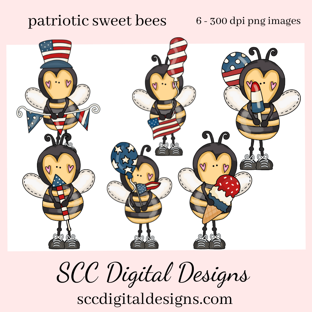 Patriotic Sweet Bees Clipart - Bee with Red, White and Blue Flag, July 4th Fireworks PNGs, Create Kid's T-Shirts, Hoodies, & More!