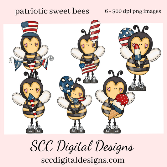 Patriotic Sweet Bees Clipart - Bee with Red, White and Blue Flag, July 4th Fireworks PNGs, Create Kid's T-Shirts, Hoodies, & More!