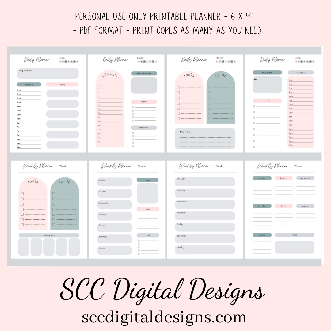 Organize your life with our daily, weekly, and monthly pages, create and follow a self-care program, track important habits, health goals with diet and exercise pages, meal planner and grocery list, chores, and cleaning reminders, and begin and end your day with our gratitude pages.