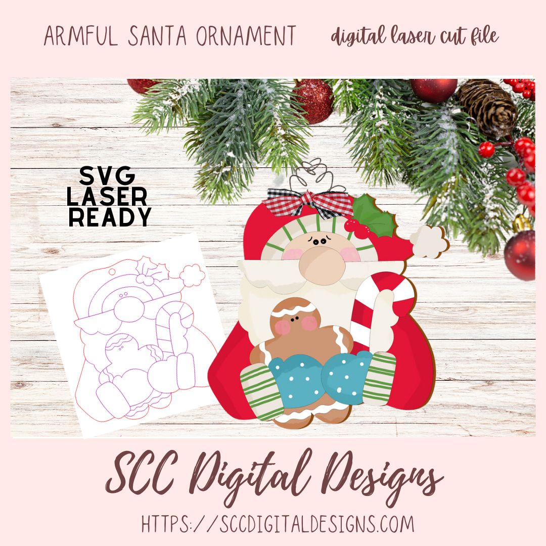 Armful Santa Christmas Ornament SVG, Glowforge and Laser Cutter Design, Instant Download Digital Woodworking Pattern, DIY Holiday Decor