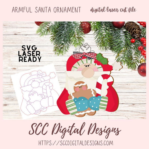 Armful Santa Christmas Ornament SVG, Glowforge and Laser Cutter Design, Instant Download Digital Woodworking Pattern, DIY Holiday Decor