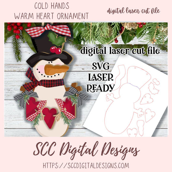 Cold Hands Warm Heart Snowman Ornament SVG, Make Your Own Winter Decor with our 3D Snowman Ornament SVG for Glowforge and Laser Cutters, Instant Download Digital Woodworking Pattern, Laser Ready SVG Craft Show Best Sellers