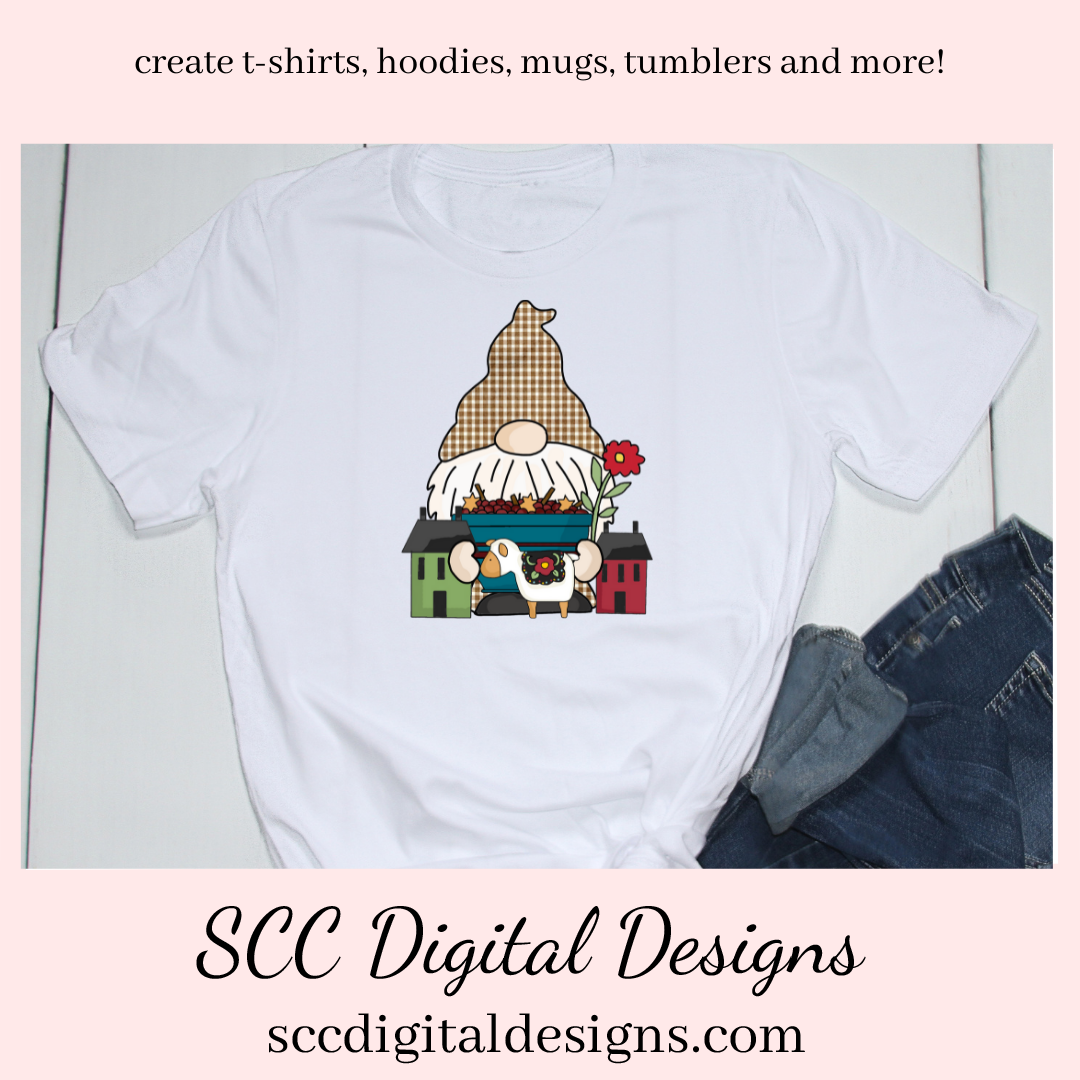 Pudgy Gnomes Love Prim Clipart - Gnome with Crows, Sheep, Salt Box Houses, Flowers, Create Primitive Wall Art, Farmhouse Decor, Prim Lover,