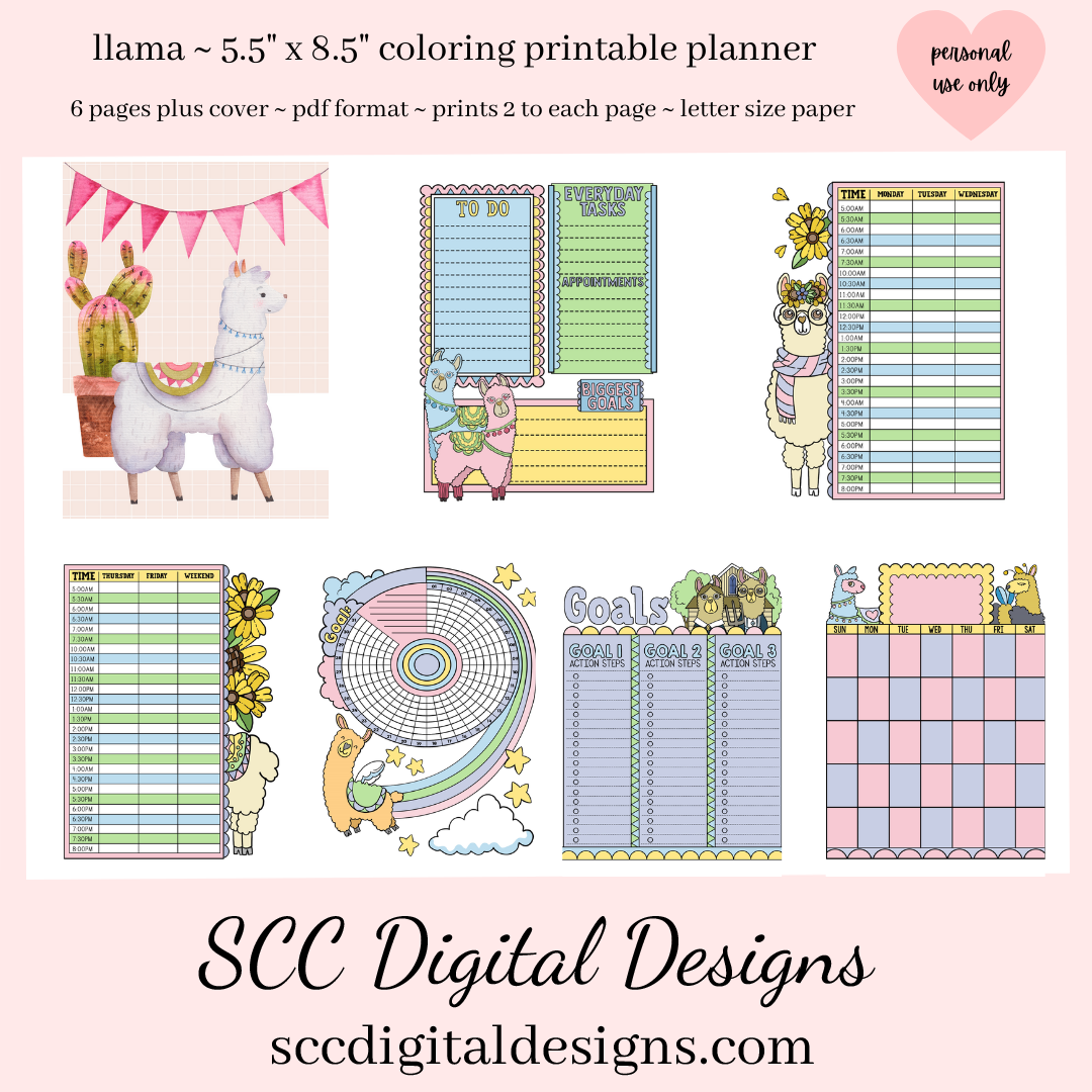 Drama Llama Printable Mini Planner - Size: 5.5 x 8.5 - 6 Pages with Cover, Monthly, Weekly, Daily, Goals with Action Steps, and Habit Tracker, Personal Use, Print at Home and Get Organized