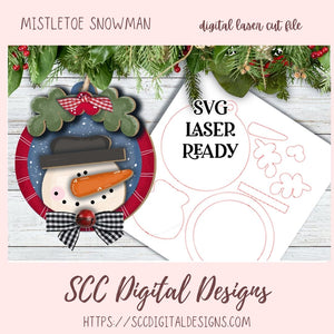 Mistletoe Snowman Christmas Ornament SVG, Glowforge and Laser Cutter Design, DIY Christmas Gift for Mom, Instant Download Woodworking Pattern