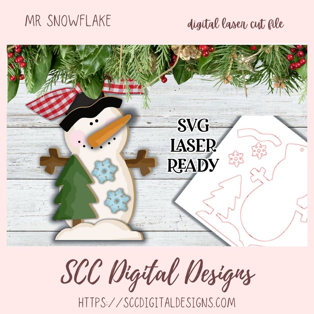 Mr Snowflake Christmas Ornament SVG, Glowforge and Laser Cutter Design, DIY Snowman Lover Gift, Instant Download Digital Woodworking Pattern