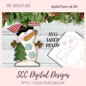 Mr Snowflake Christmas Ornament SVG, Glowforge and Laser Cutter Design, DIY Snowman Lover Gift, Instant Download Digital Woodworking Pattern