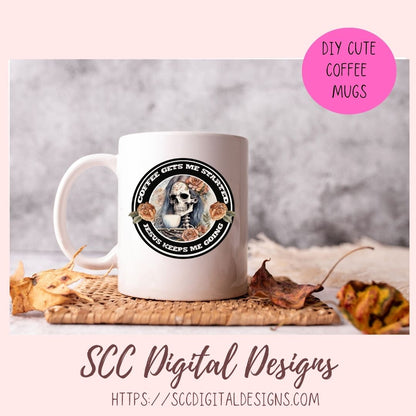 Coffee Gets Me Started Jesus Keeps Me Going Sublimation PNG Clipart, Religious Empowering Quote for Men & Women, DIY Gift for Christian Faith