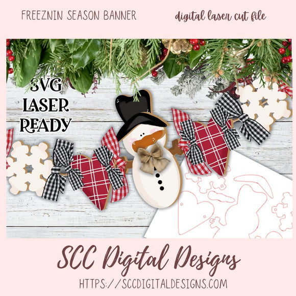Freein Season Banner SVG, Snowman Hearts & Snowflakes Garland, Make Your Own Winter Decor with our 3D SVG for Glowforge and Laser Cutters, Instant Download Digital Woodworking Pattern, Laser Ready SVG Craft Show Best Sellers