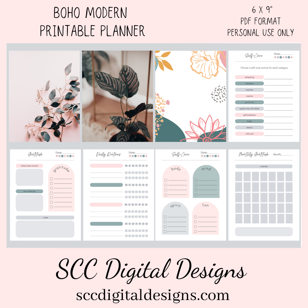 Organize your life with our daily, weekly, and monthly pages, create and follow a self-care program, track important habits, health goals with diet and exercise pages, meal planner and grocery list, chores, and cleaning reminders, and begin and end your day with our gratitude pages.