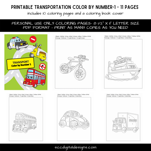 Color by Number Transportation #1 Printable Coloring Pages - Car, Truck, Airplane - Teacher Recourses - Home School Activities