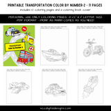Color by Number Transportation #2 Printable Coloring Pages - Car, Truck, Airplane - Teacher Recourses - Home School Activities