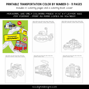 Color by Number Transportation #3 Printable Coloring Pages - Car, Truck, Airplane - Teacher Recourses - Home School Activities