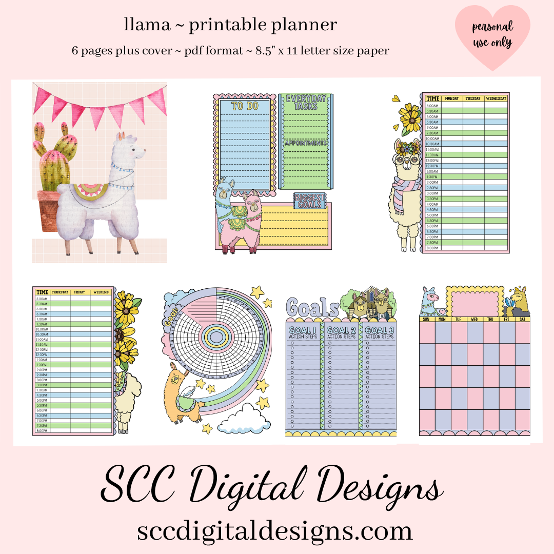 Drama Llama Printable Mini Planner - 6 Pages with Cover, Monthly, Weekly, Daily, Goals with Action Steps, and Habit Tracker, Personal Use, Print at Home and Get Organized