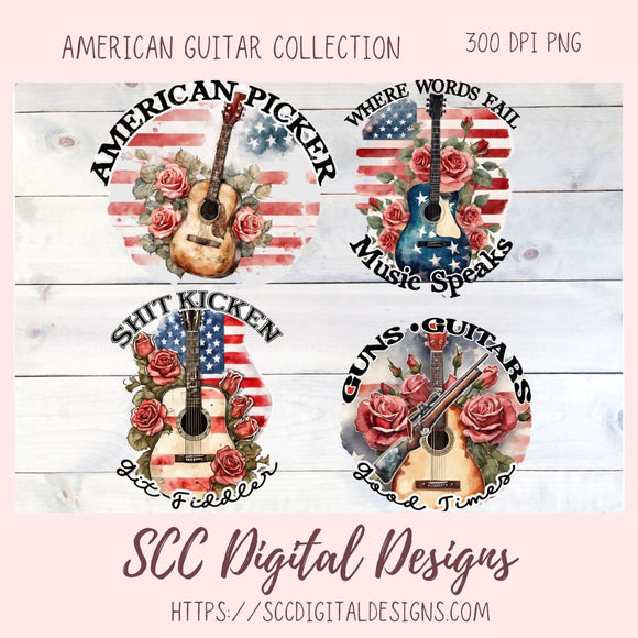 American Guitar PNG Collection, Red White & Blue Guitars with Roses, Where Words Fail Music Speaks Express Your Love for Music