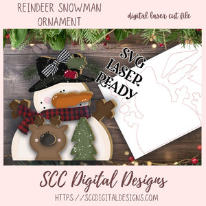 Reindeer Snowman Christmas Ornament SVG, Glowforge and Laser Cutter Design, Instant Download Digital Woodworking Pattern, DIY Holiday Decor
