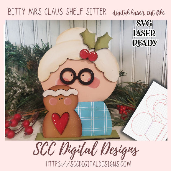Bitty Mrs. Claus Shelf Sitter SVG, Glowforge and Laser Cutter Design, Instant Download Digital Woodworking Pattern, DIY Holiday Decor