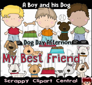 a boy and his dog digital clipart, man best friend, boys png, word art, puppies, dog bones, balls, food dishes
