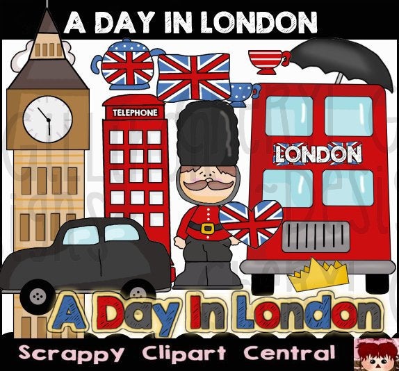 A Day in London Digital Clipart - Word Art - Scrapbook Supplies - Bus, Vehicle, Buildings, Flag PNGs