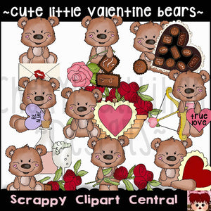 Cute Little Valentine Bears Clipart - Whimsical Chocolate Bear - Candy Hearts, Red Roses, Cupid, Valentine's Day Candy