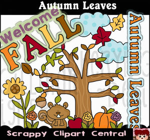 Autumn Leaves Digital Clipart - Word Art, Pumpkins, Squirrel, Fall Flowers, Create School Printables & Goodie Bags