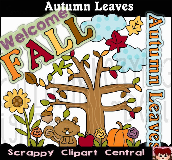Autumn Leaves Digital Clipart - Word Art, Pumpkins, Squirrel, Fall Flowers, Create School Printables & Goodie Bags