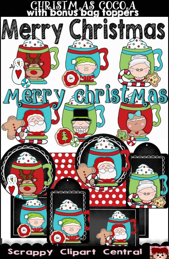 Christmas Cocoa Digital Clipart - Santa Claus PNG - Gingerbread Clipart - Christmas Tags - Cocoa Bag Topper - Xmas Printables - Cocoa Mug PNGs