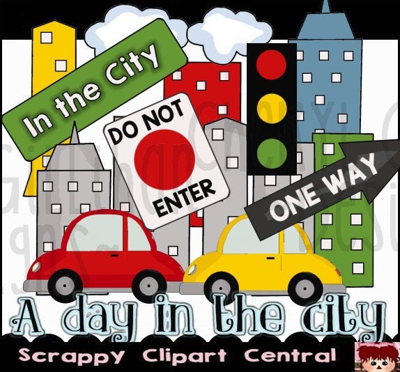 A Day in the City Digital Clipart - Cityscape, Cars, Road Sign, Wordart, Word Art PNG - Scrapbook Elements - Create Mother's Day Gifts