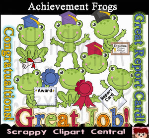 Achievement Frogs Digital Clipart - Word-Art, Word Art, Awards, School Frog PNGs - Create Kid's Printables including Tags & Party Supplies
