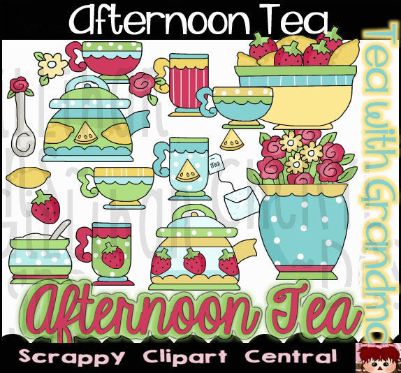 Tea Pots, Tea Cups, Desserts, and Flowers, Create Party Printables, Scrapbook Elements, Commercial Use