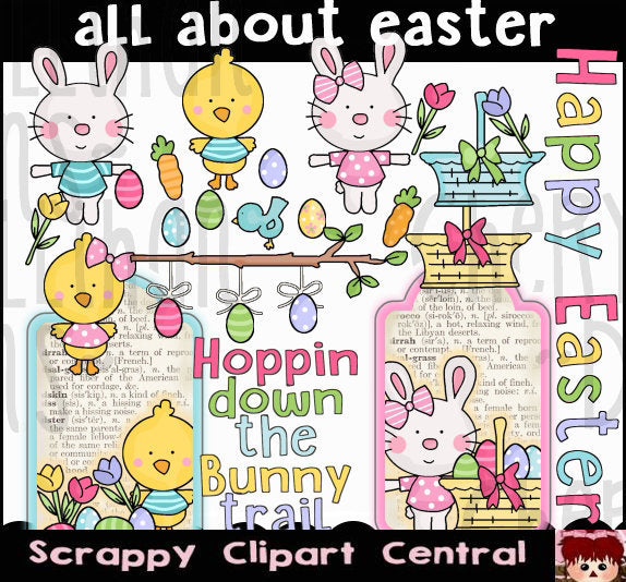 All About Easter Digital Clipart - Word-Art - Bunnies, Chicks, Colored Eggs & Birds - Create Printable Holiday Cards, Tags & Scrapbook Elements