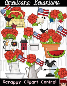 Americana Geraniums Digital Clipart - Primitive Red, White & Blue PNGs, Sheep, Spring Flowers, American Flag