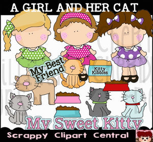 A Girl and her Cat Digital Clipart - Cats, Girls, Word Art, & Kitty Food PNGs, Scrapbook Elements, Create Printables & Kids T-Shirts, Commercial Use
