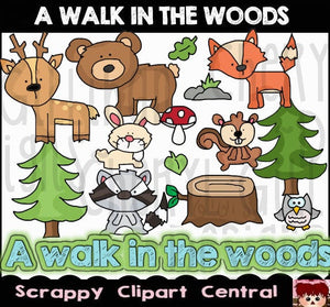 A Walk in the Woods Digital Clipart - Word Art, Bear, Fox, Deer, & Trees PNG, Scrapbook Elements, Create Party Printables and Kid's Unisex T-Shirts, Commercial Use