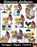 Americana Sunflowers Digital Clipart - Primitive Red, White & Blue PNGs, Sheep, Sunflowers, American Flag