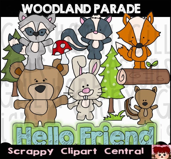 Woodland Parade Digital Clipart - Bear, Fox, Rabbit, Raccoon, Skunk & Forest PNGs - Whimsical Animals