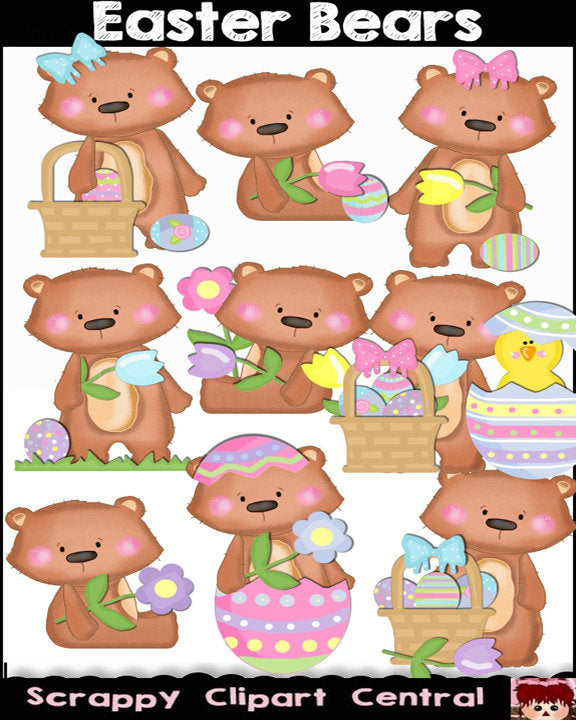 Easter Bears Digital Clipart - Whimsical Bears, Colored Eggs, Spring Flowers, Holiday Baskets