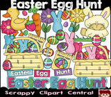 Easter Egg Hunt Digital Clipart - Word Art PNG - Bunnies, Colored Eggs, Duck, Holiday Candy, Spring Flowers, Scrapbook Elements