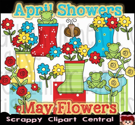 April Showers May Flowers Digital Clipart - Word Art, Spring Flower, Frogs, & Rain Boots PNGs, Background Papers