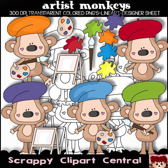 Artist Monkey Digital Clipart & Digi Stamps - Painting Monkeys & Paint Supplies, Create Coloring Pages & Kids T-Shirts and Hoodies