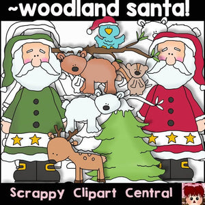 Woodland Santa Digital Clipart & Digi Stamps - Santa Digi Stamps - Bear, Blue Bird, Reindeer, Xmas Tree & Santa PNG - Christmas Doodles